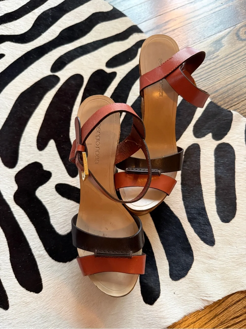Sergio Rossi Brown and Rust Leather Platform Wedge Sandals